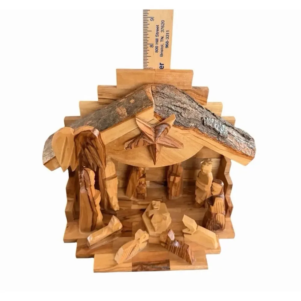 Nativity Hand Carved Olive Wood Crafted In Bethlehem MUSICAL Rotating Star